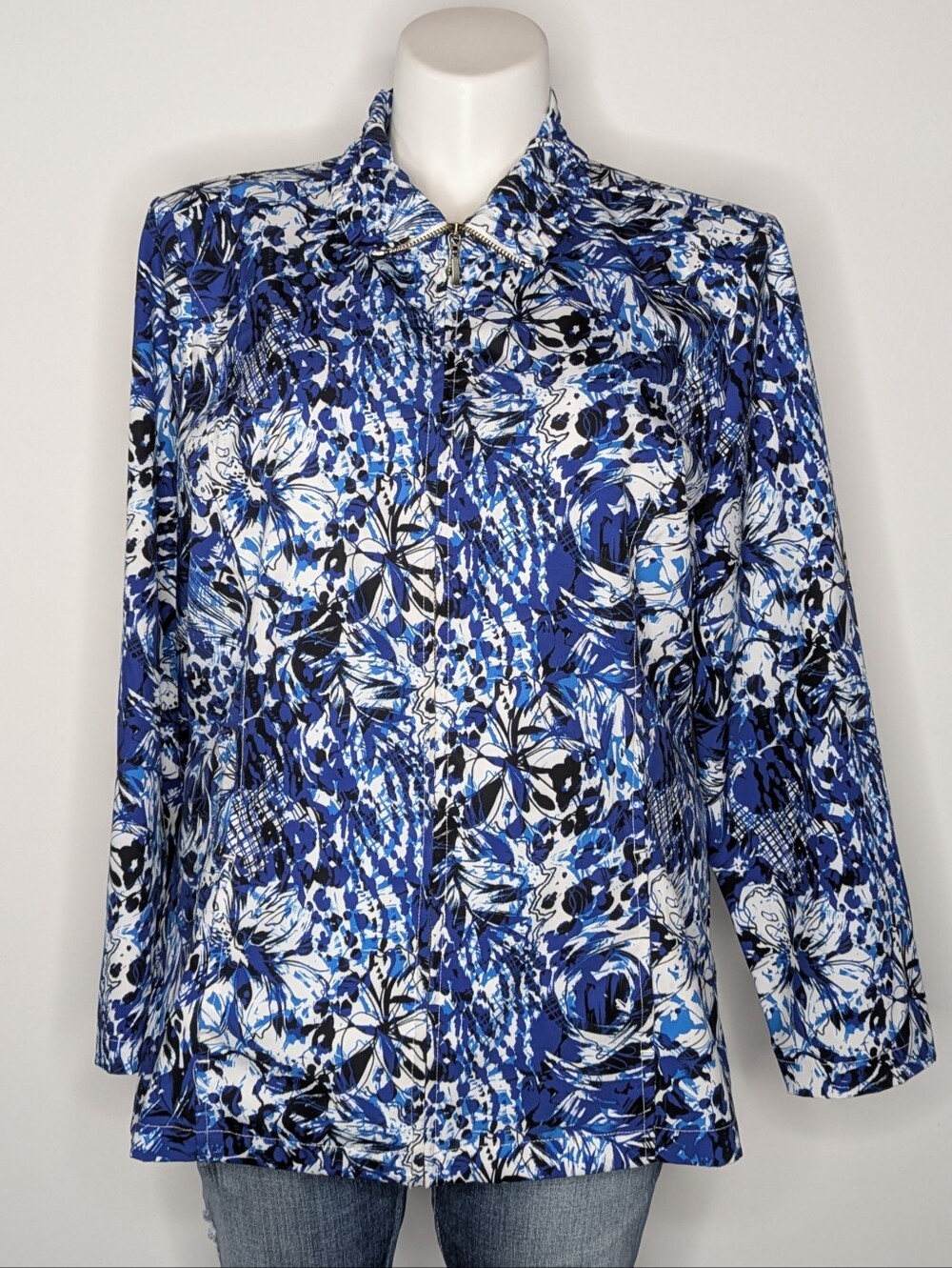 Christopher & Banks Blue White Abstract Zip Up Collared Jacket XL